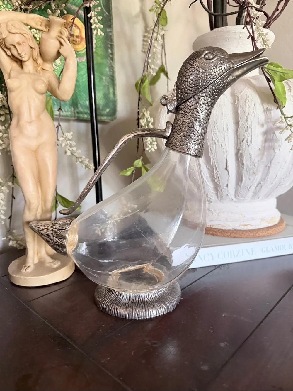 Silver Plate Duck Wine Decanter Claret Jug Figural Bird Glass Barware